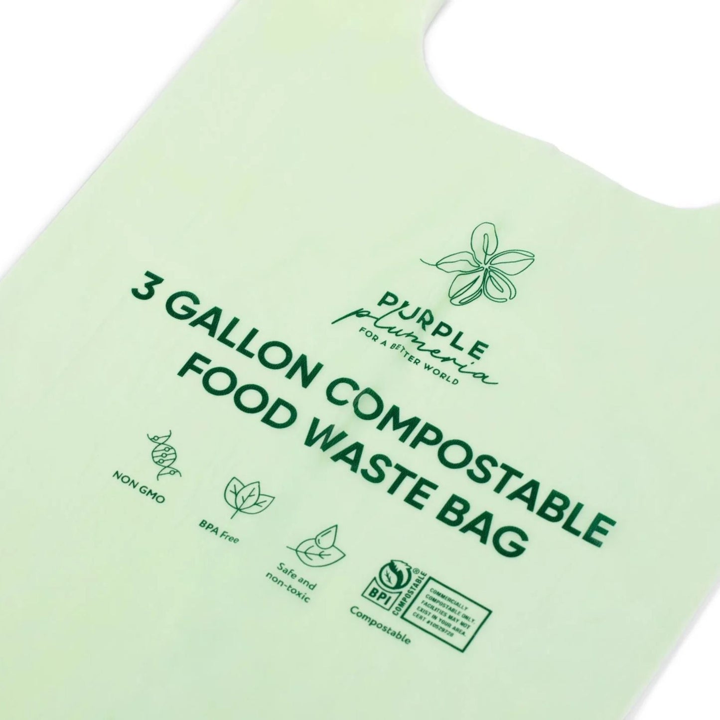 Green 3 gallon compostable food waste bag with branding and certification logos on a white background