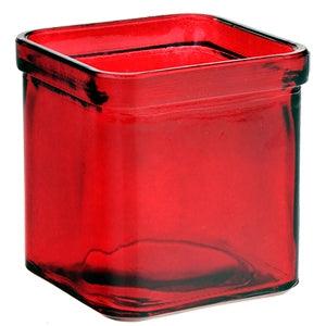 Red glass square glass tea light candle holder on a white background