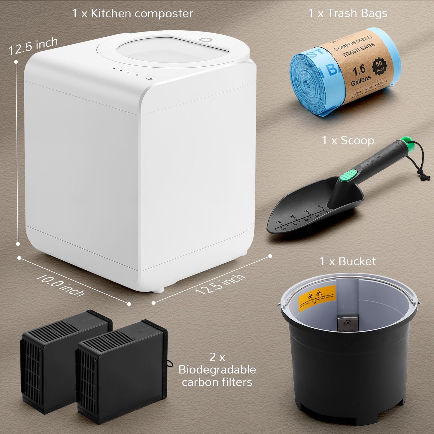 Airthereal electric kitchen composter set with dimensions, trash bags, scoop, bucket, and filters on a brown background