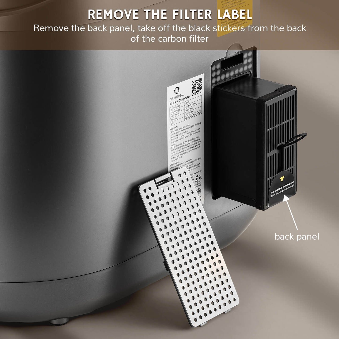 Airthereal electric kitchen compost bin carbon filter installation guide for a device with text instructions.