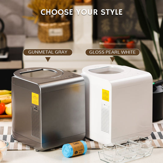 Two Airthereal R500 Electric Kitchen Composter Bin appliances, one gray and one white, on a kitchen counter with text 'Choose Your Style' and color options.