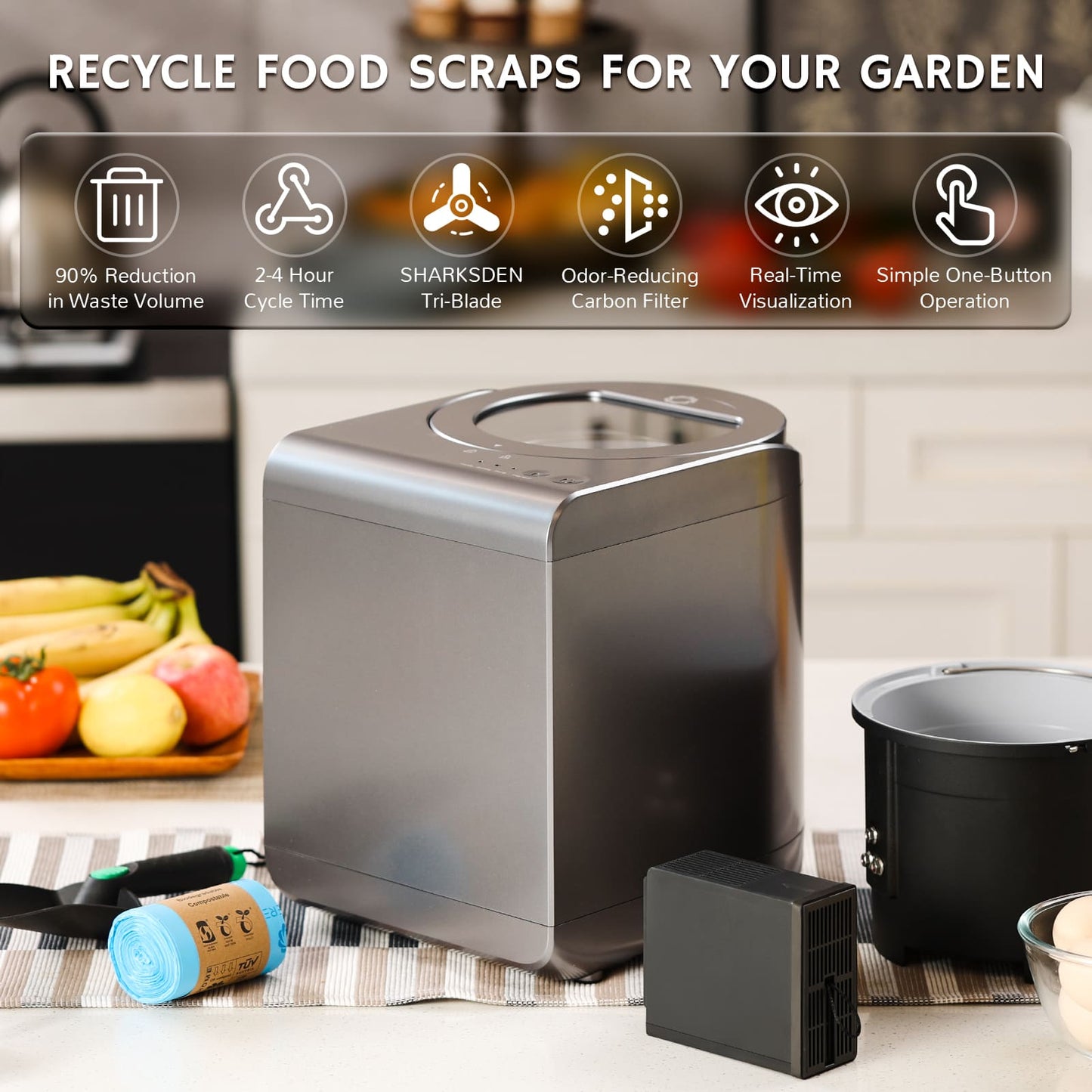 Airthereal R500 electric compost bin / food waste disposal unit with features highlighted on a kitchen counter.