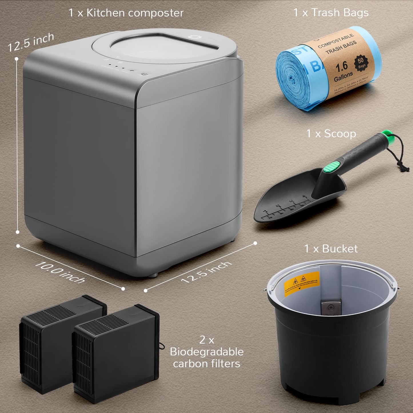 Airthereal electric kitchen composter set with trash bags, scoop, bucket, and carbon filters on a brown background