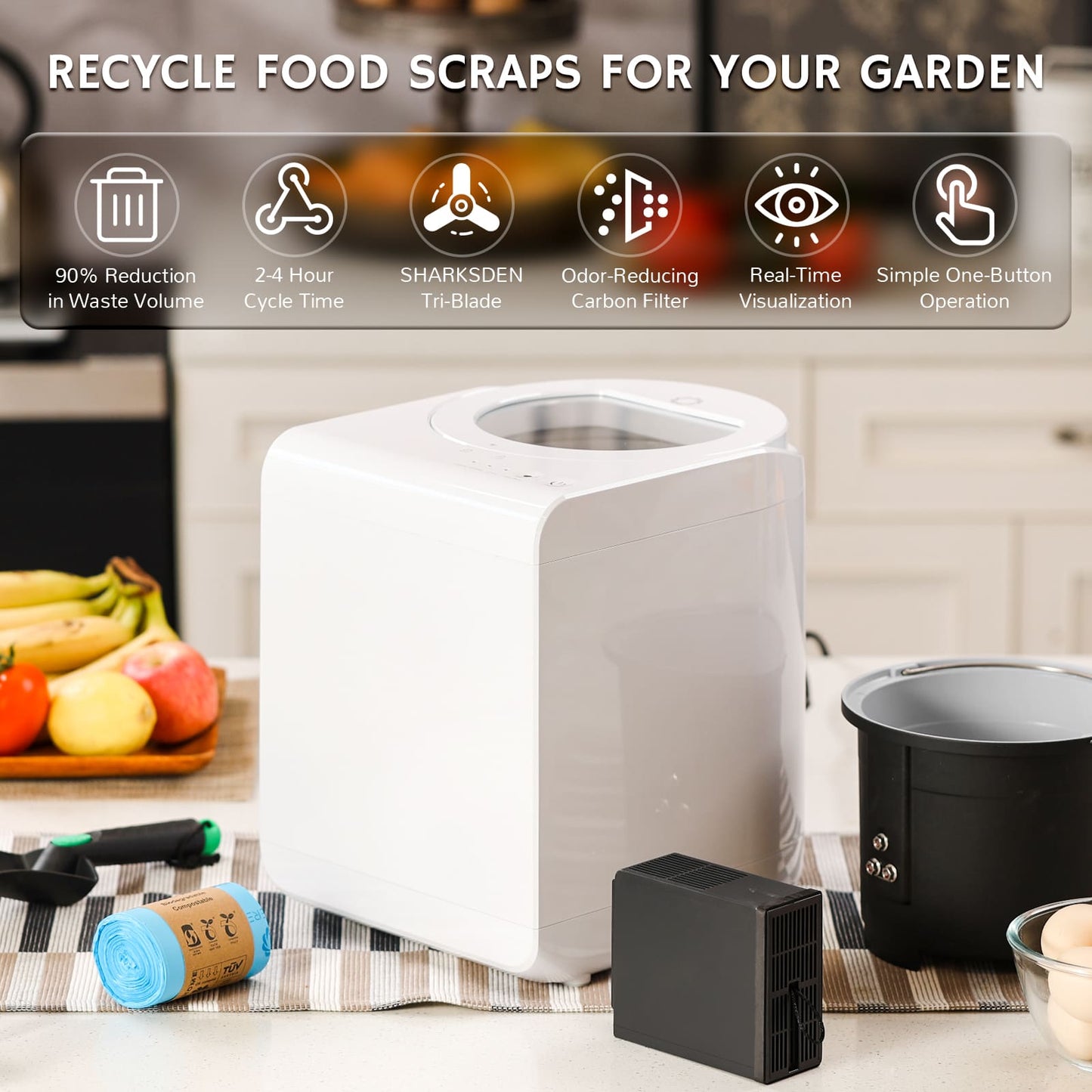 White Airthereal electric kitchen compost bin with features highlighted on a kitchen counter.