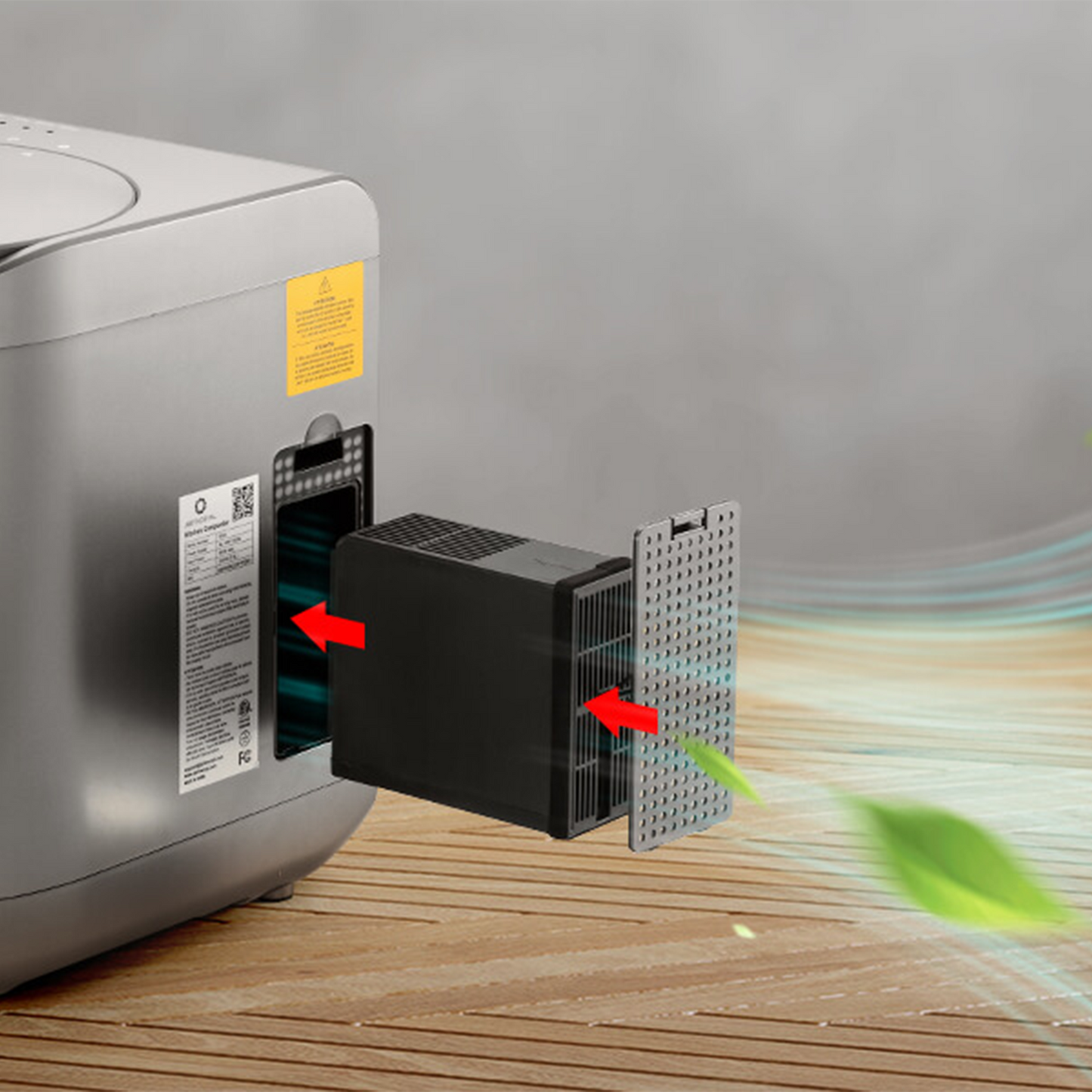 Airtheral R500 electric ktichen compost bin with filter removal illustration on a wooden surface