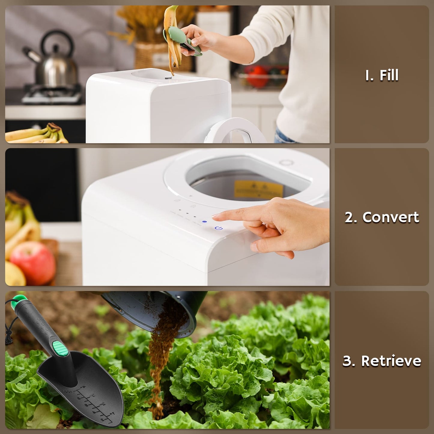 Collage of a white Airthereal electric kitchen composting system with text labels for steps.