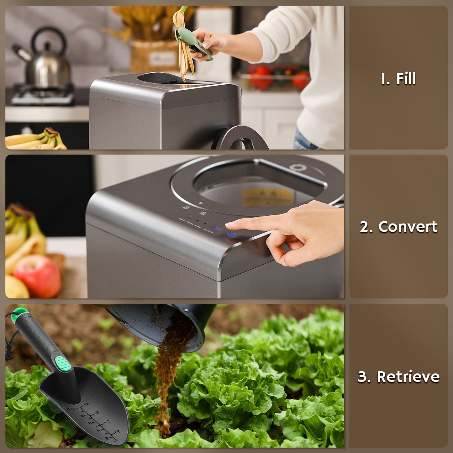 Collage of an Airthereal electric kitchen composter being used, with text indicating steps for operation.
