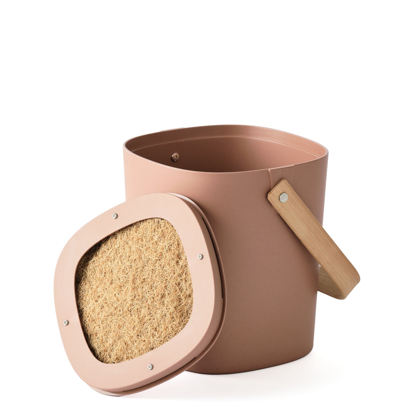 Terracotta-colored Astrik Compoast Bin made of 100% biodegradable plant-based plastic with a bamboo handle and open lid with bamboo filter on a white background.