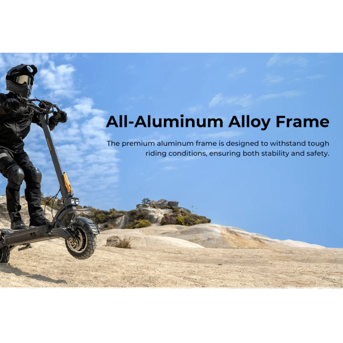 Person riding an AUSUM F1 Max electric scooter on a rocky landscape with text about an all-aluminum alloy frame.