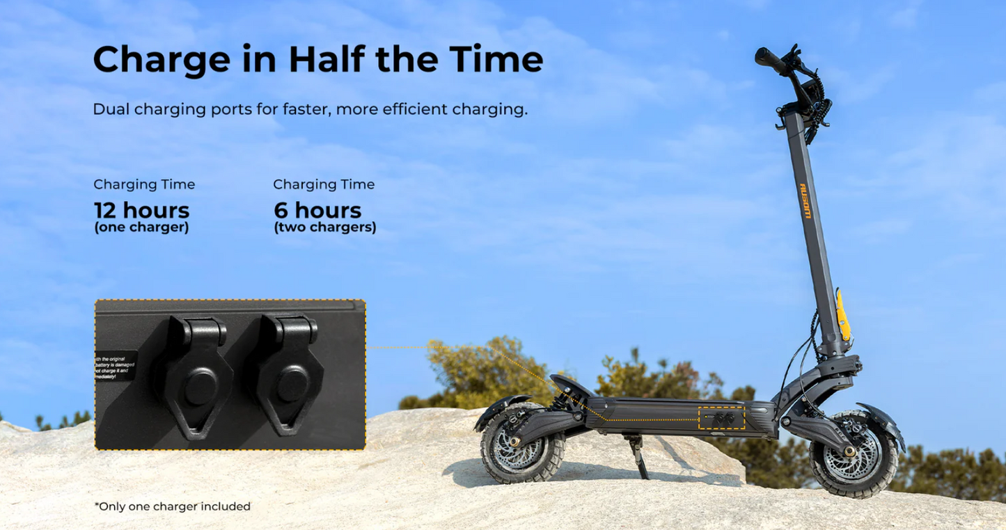 AUSUM F1 Max electric scooter with charging ports and text about charging time on a clear sky background