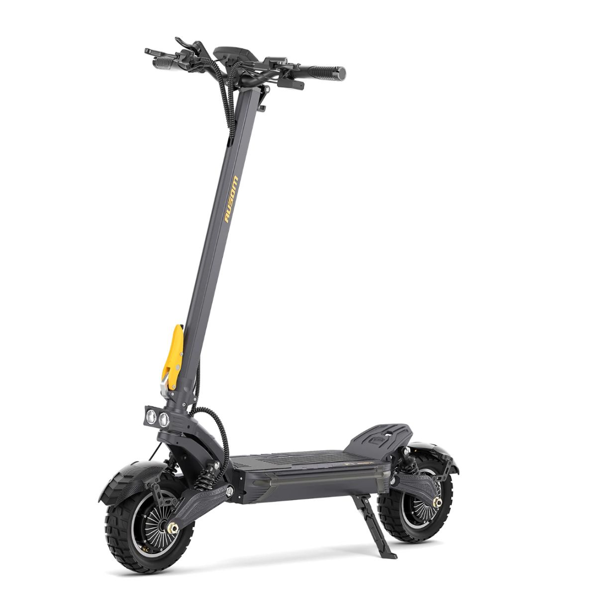 AUSUM F1 Max electric scooter with yellow accents on a white background
