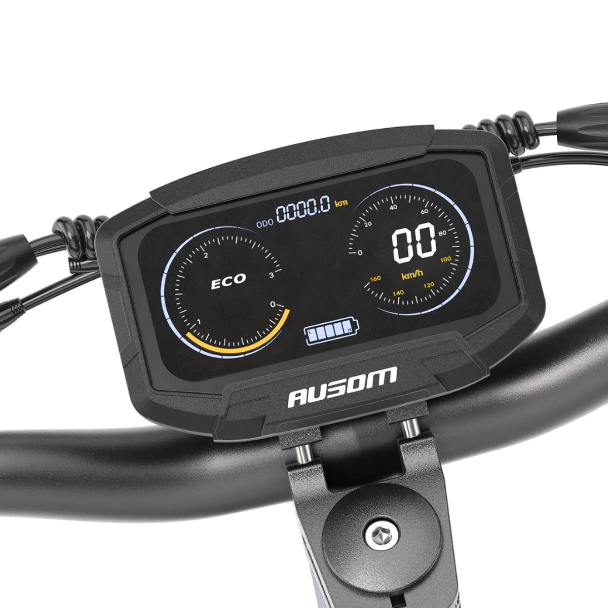 Digital display on an AUSUM F1 Max electric scooter handlebar with 'AUSOM' branding