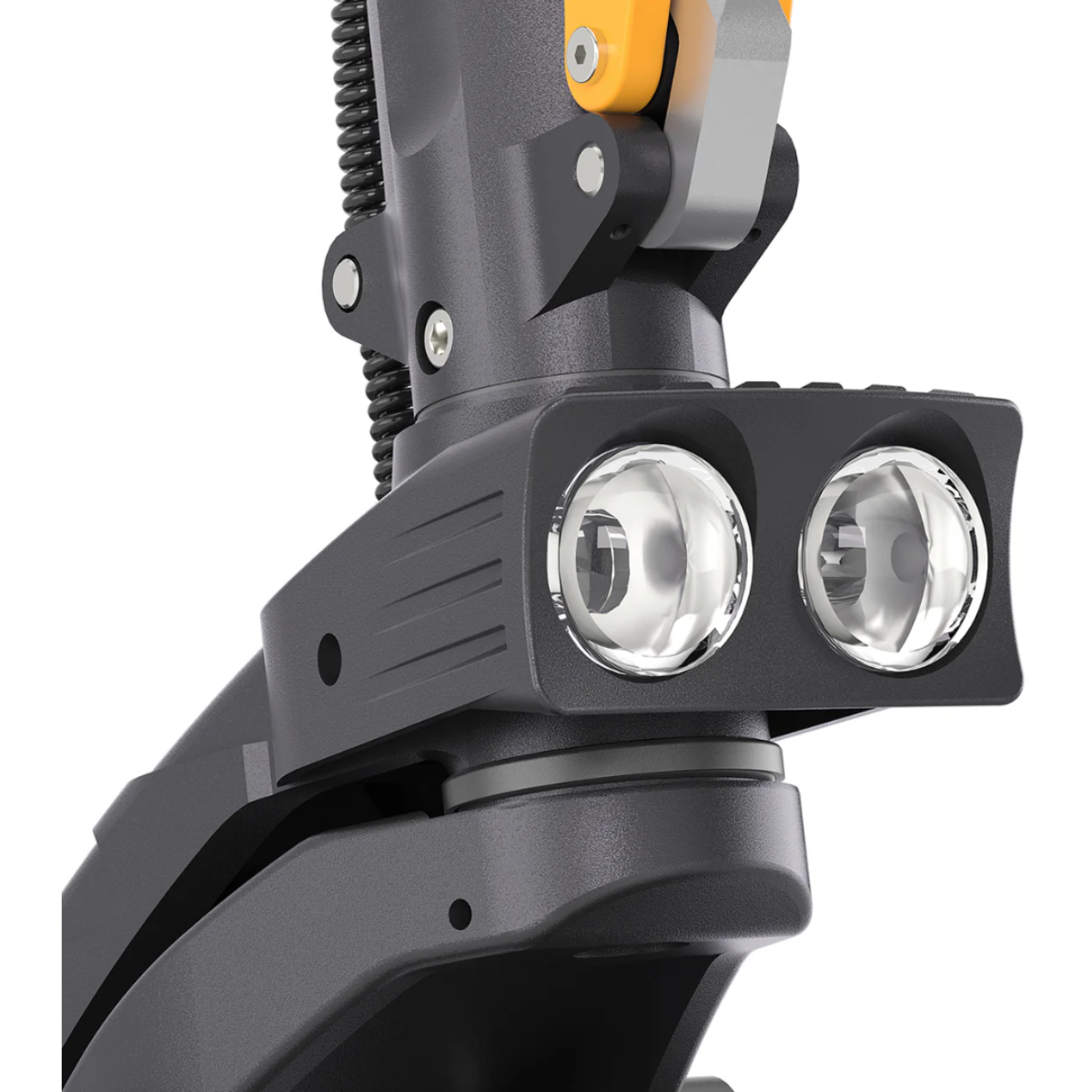Close-up of dual headlights on an AUSUM F1 Max electric scooter on a white background