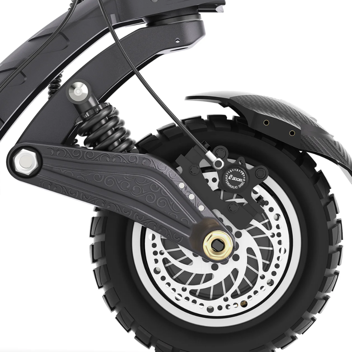 Close-up of an AUSUM F1 Max electric scooter wheel with suspension and brake components on a white background