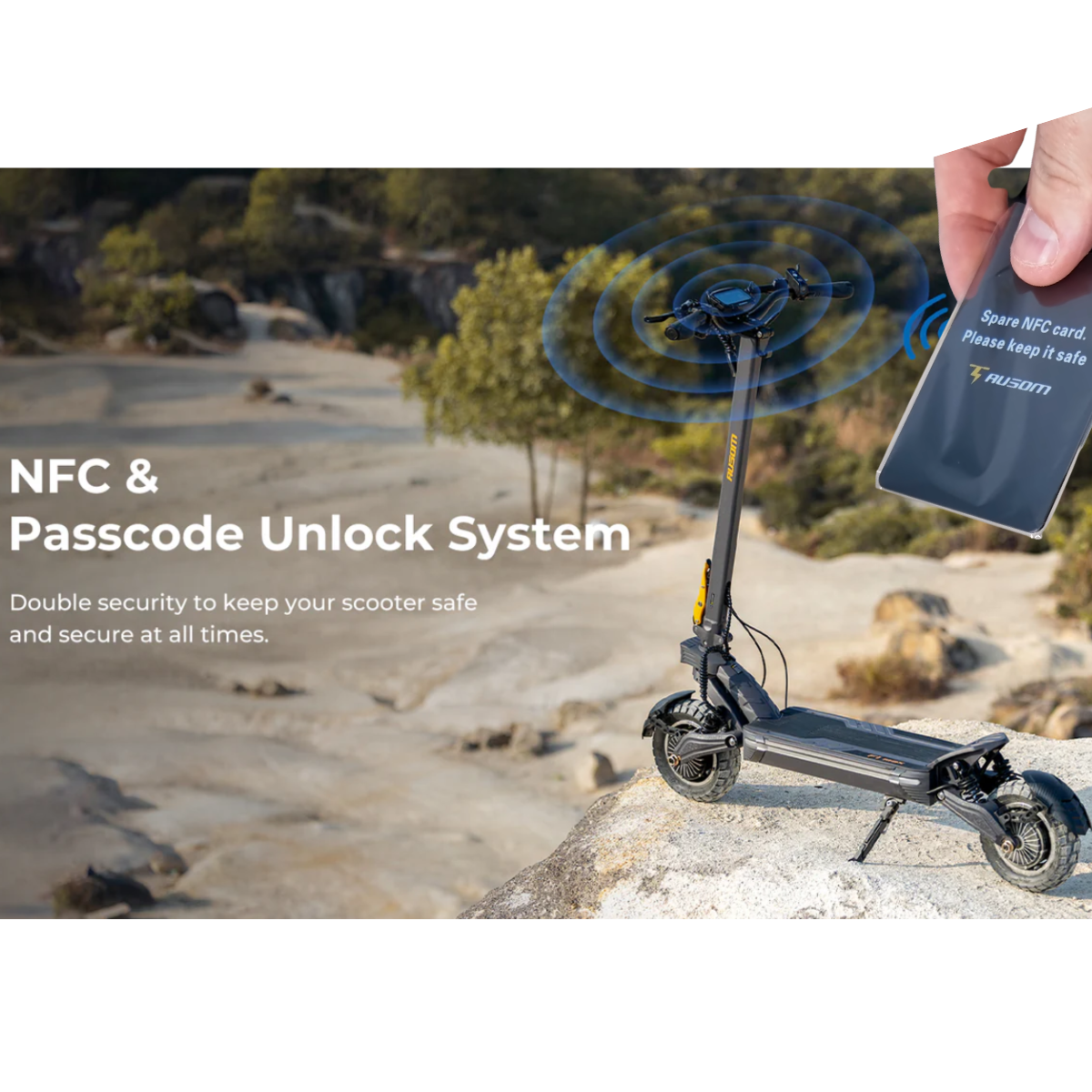 AUSUM F1 Max electric scooter with NFC card and phone for unlocking system in a natural setting