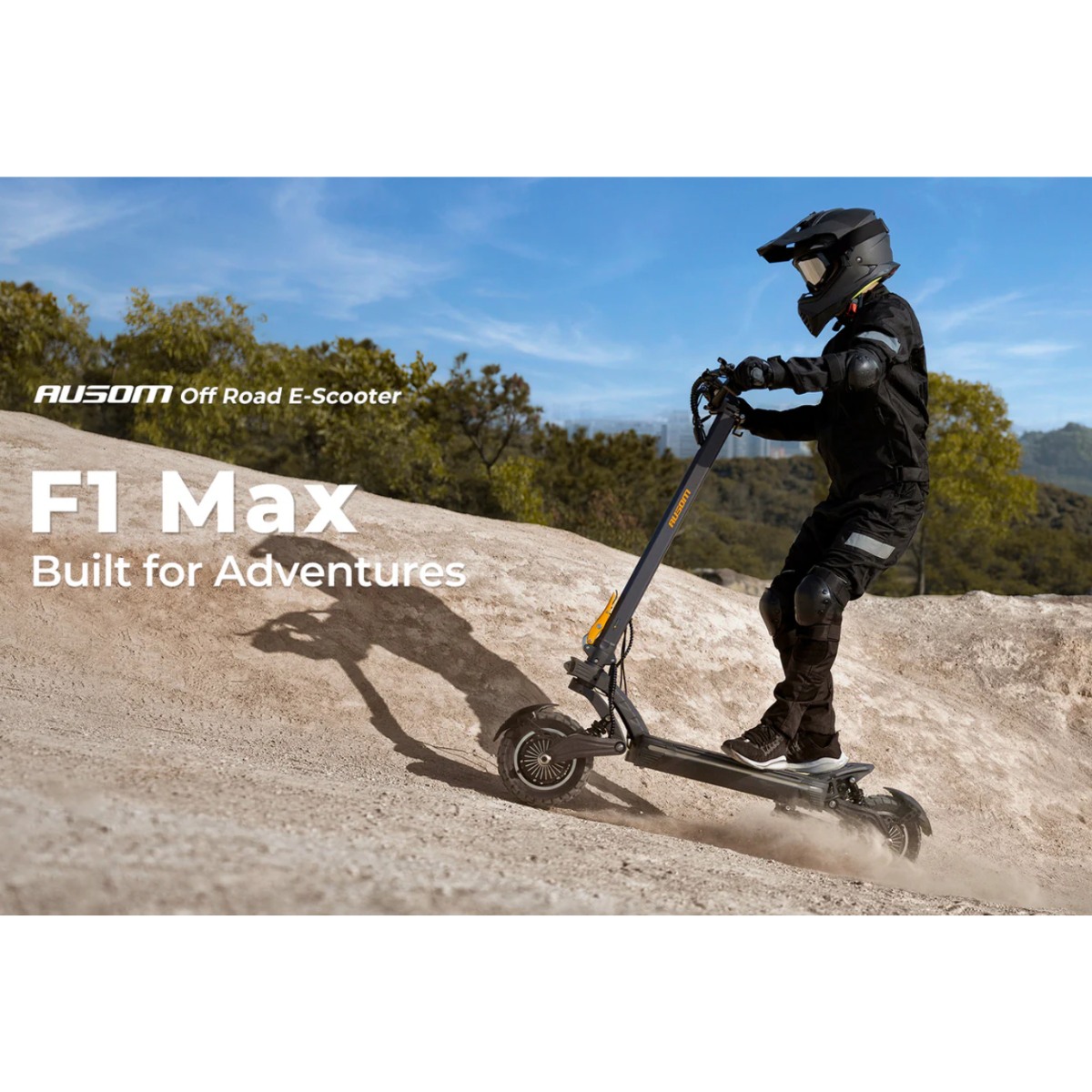 Person riding an AUSUM F1 Max electric scooter on a rocky trail with 'AUSOM Off Road E-Scooter F1 Max' branding.