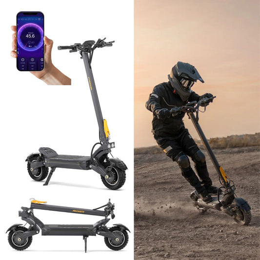 AUSUM F1 Max electric scooter with smartphone display, folded scooter, and person riding scooter in desert.