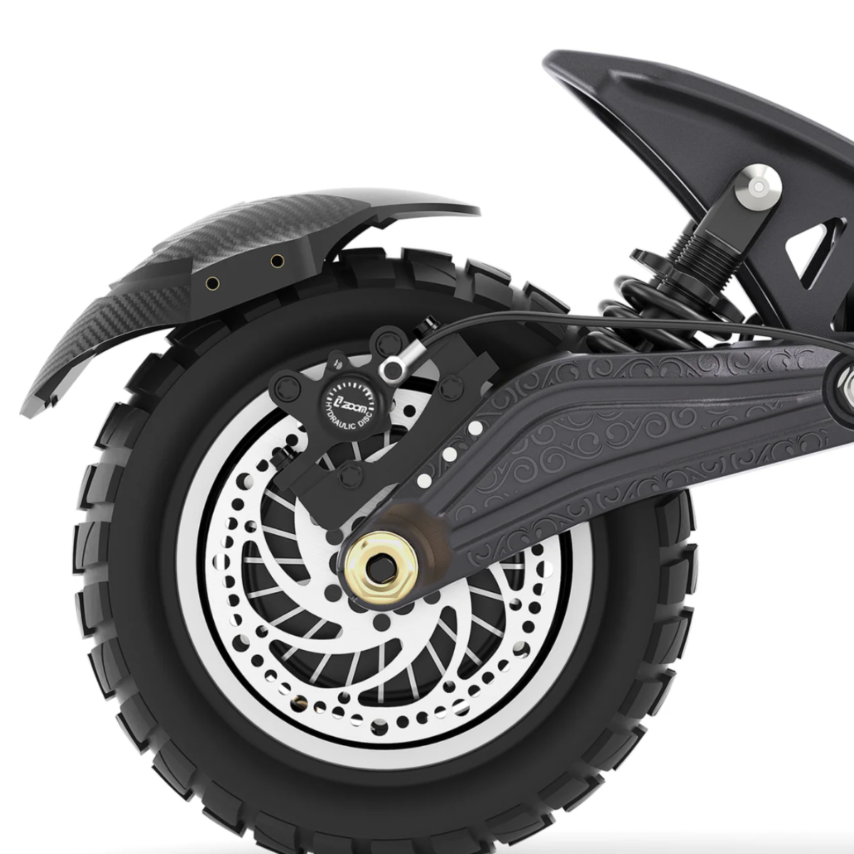 Close-up of a black off-road AUSUM F1 Max electric scooter wheel on a white background