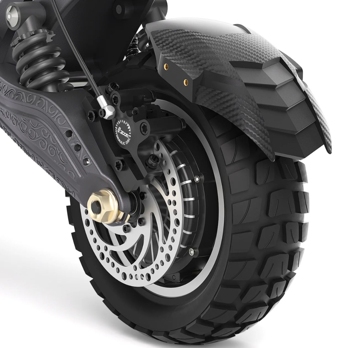 Close-up of a AUSUM F1 Max electric scooter wheel with black tire and suspension on a white background