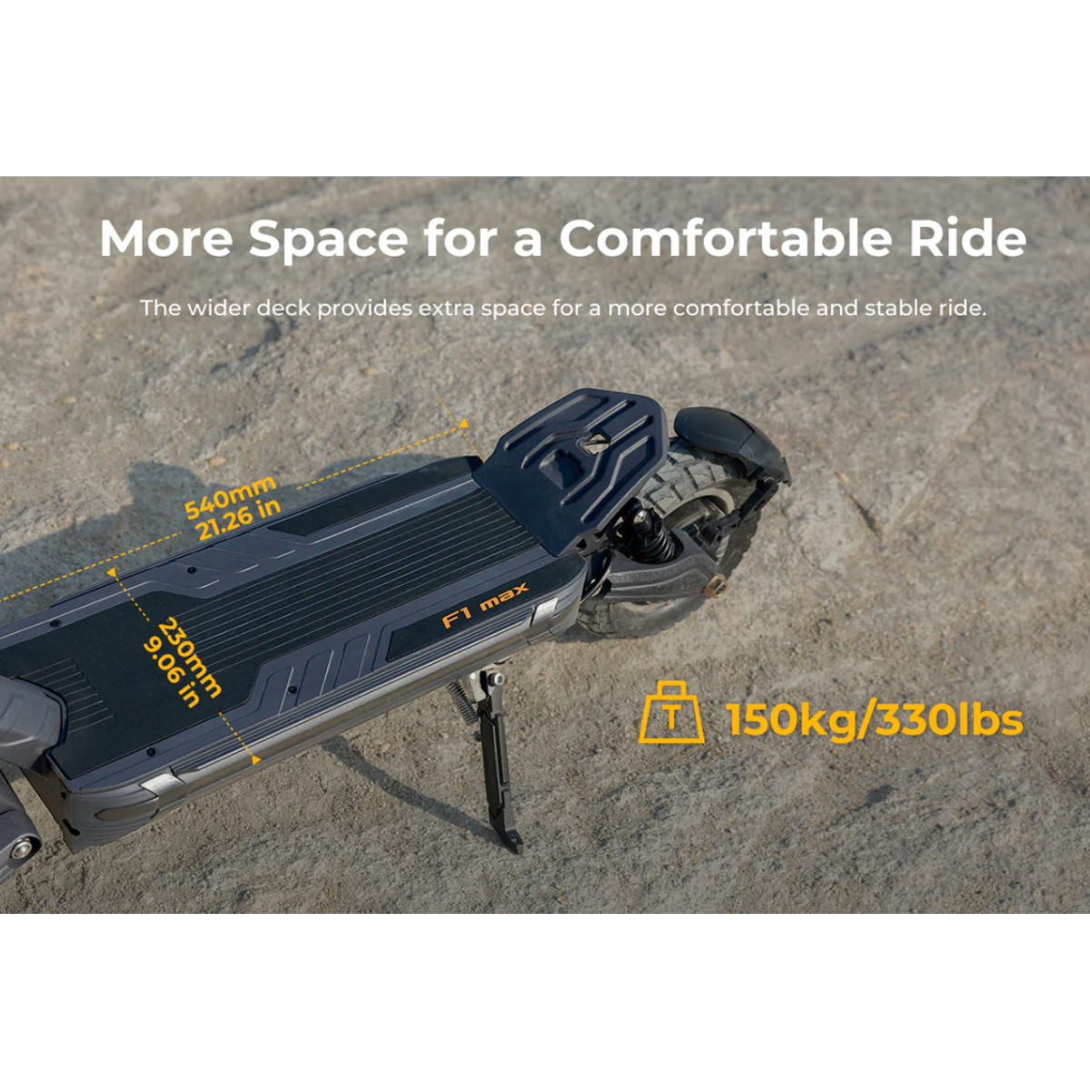 AUSUM F1 Max electric scooter with text highlighting 'More Space for a Comfortable Ride' on a textured surface.