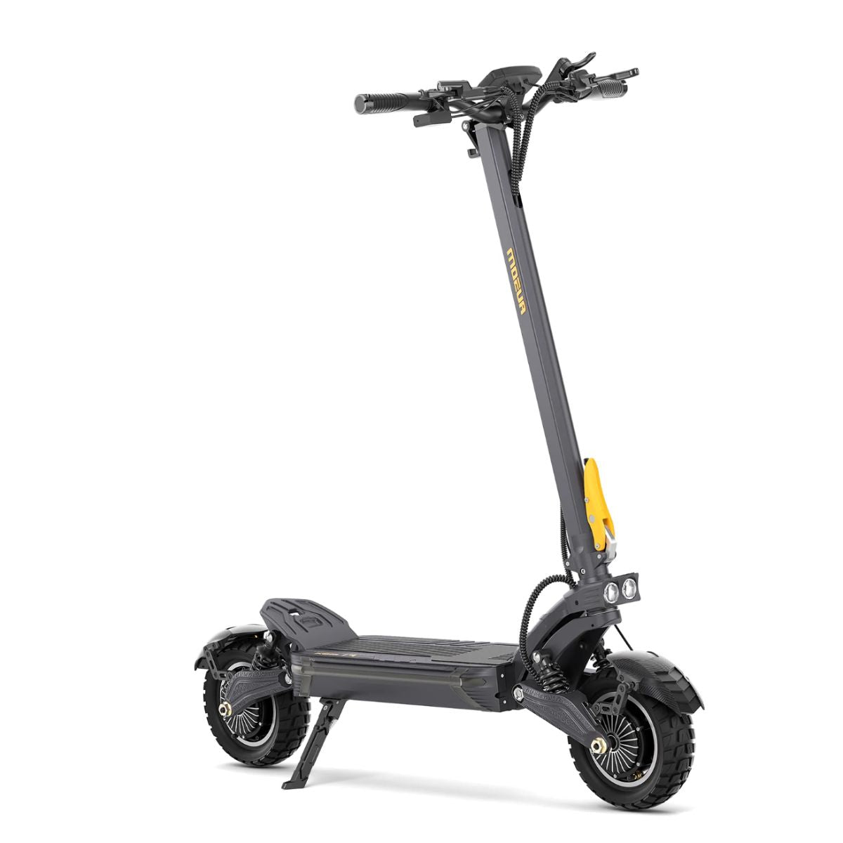Black AUSUM F1 Max electric scooter with yellow accents on a white background