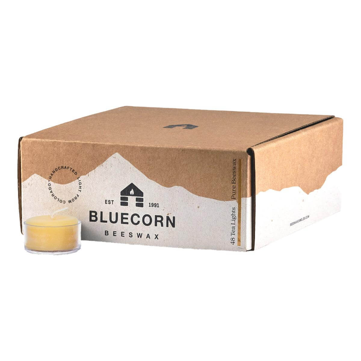 Box of Bluecorn Beeswax candles on a white background
