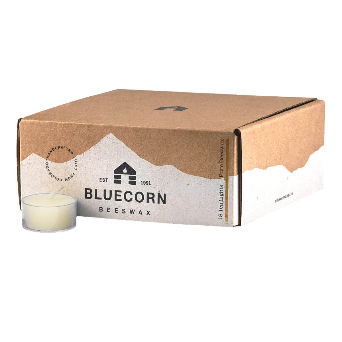 Bluecorn Beeswax ivory tea light candle packaging with a candle on a white background