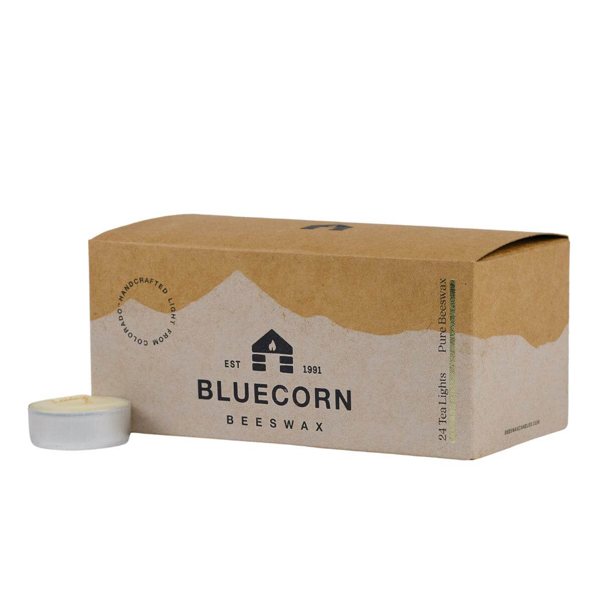 Box of 24 Bluecorn Beeswax Tea Light candles on a white background