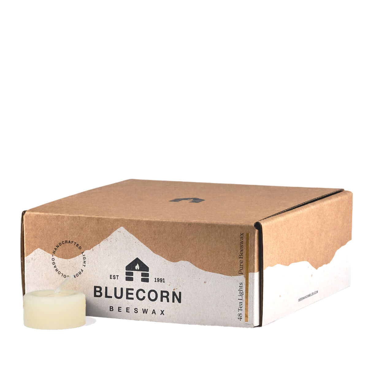 Box of Bluecorn Beeswax candles on a white background