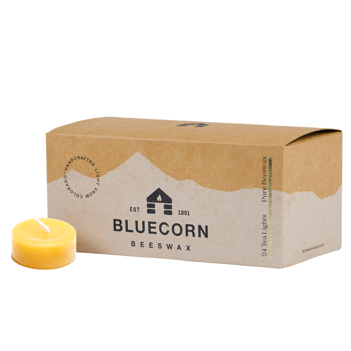 Box of Bluecorn Beeswax candles on a white background