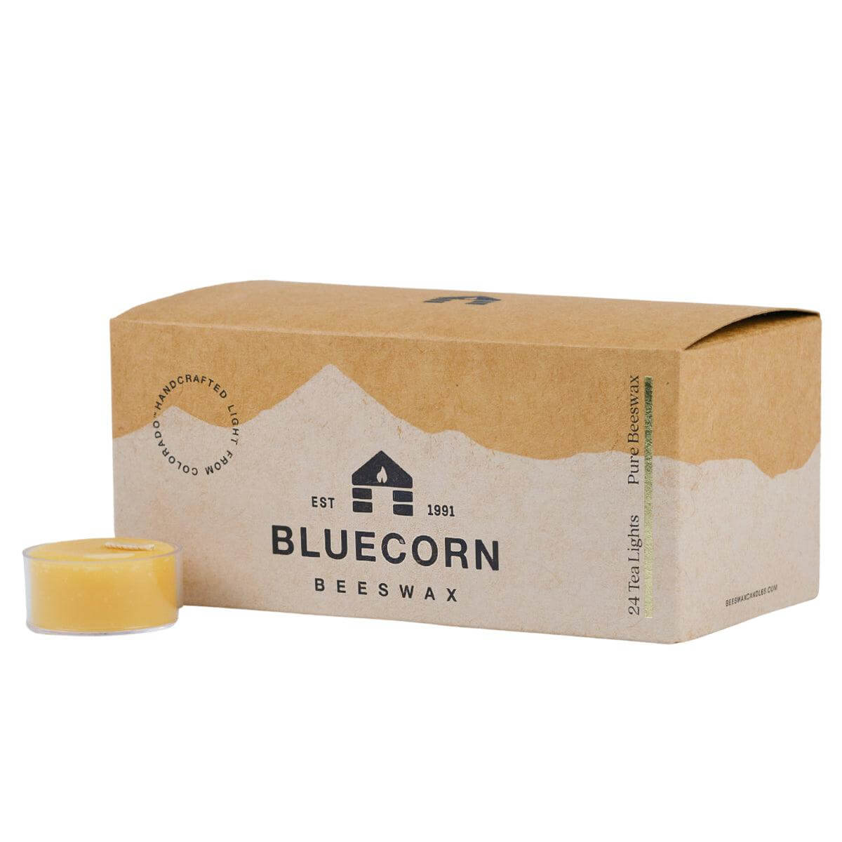 Box of Bluecorn Beeswax tea lights on a white background