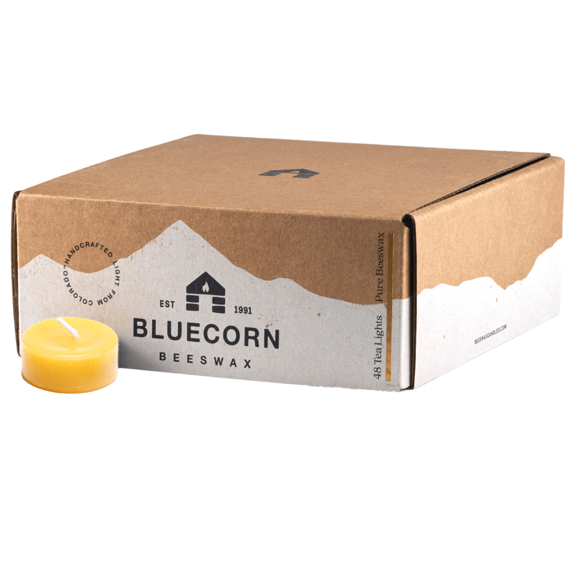 Box of Bluecorn Beeswax candles on a white background