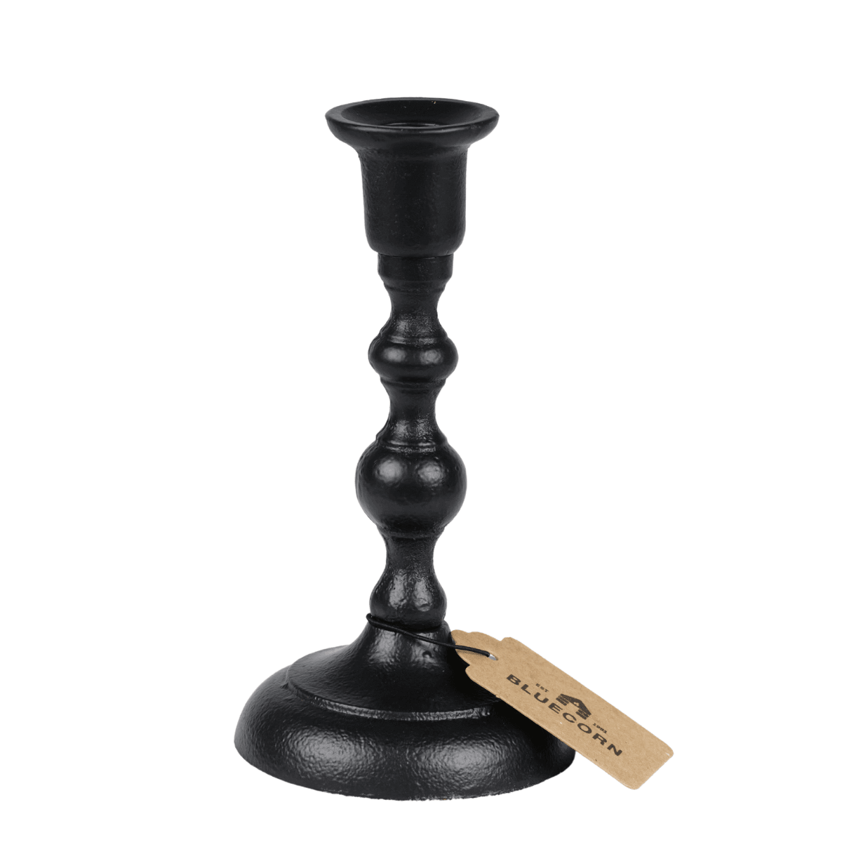 Black candle holder with a visible brand tag on a white background