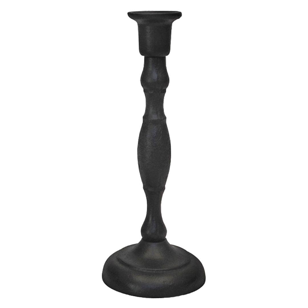 Black candlestick holder on a white background