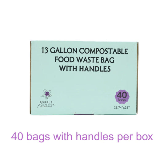 Box of Purple Plumeria 13-gallon compostable food waste bags with handles on a white background
