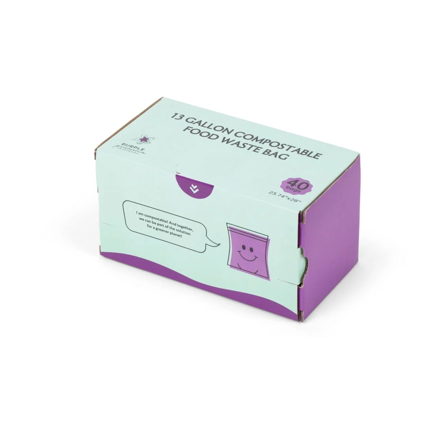 Box of 40 Purple Plumeria 13-gallon compostable food waste bags on a white background