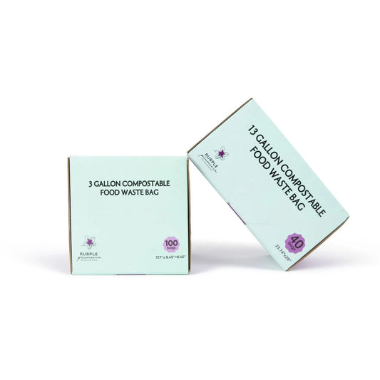 Two boxes of Purple Plumeria compostable kitchen garbage bags on a white background, available in 3 gallon and 13 gallon sizes