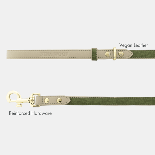 Copenhagen Dog Leash made with PETA-approved vegan leather, Olive with Beige design - and reinforced hardware on a white background