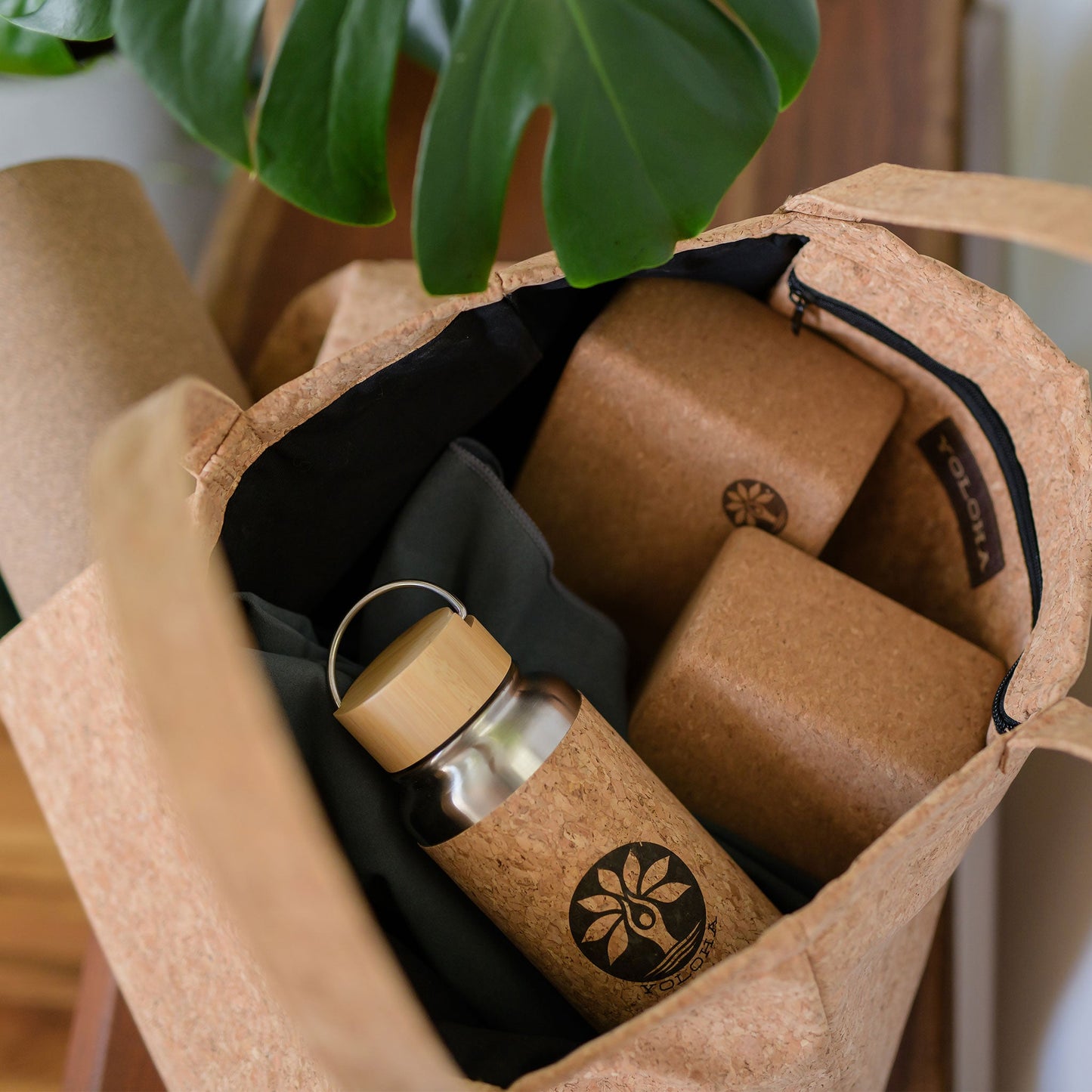 Cork Tote Bag with Yoga Mat Slit Open