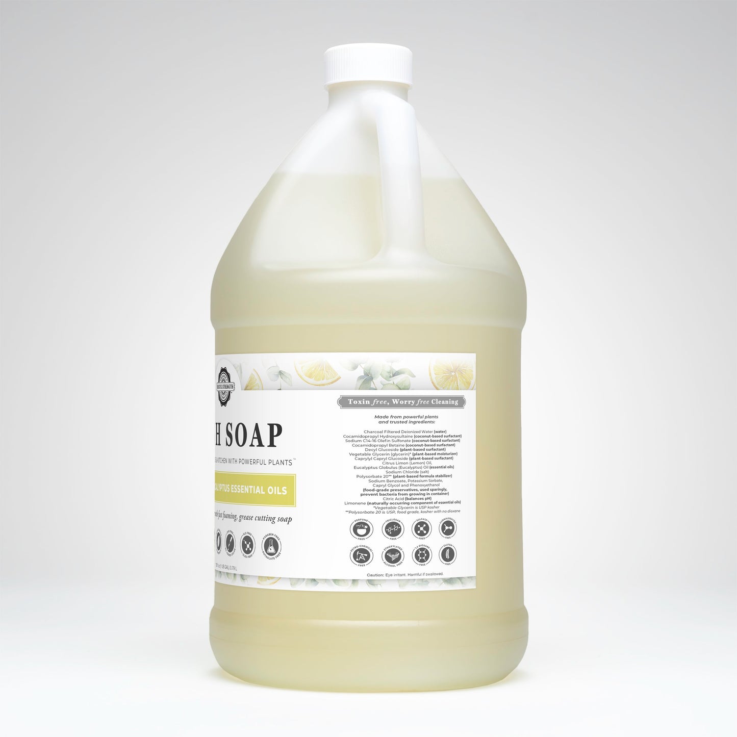 Gallon bottle of liquid soap with a label on a white background