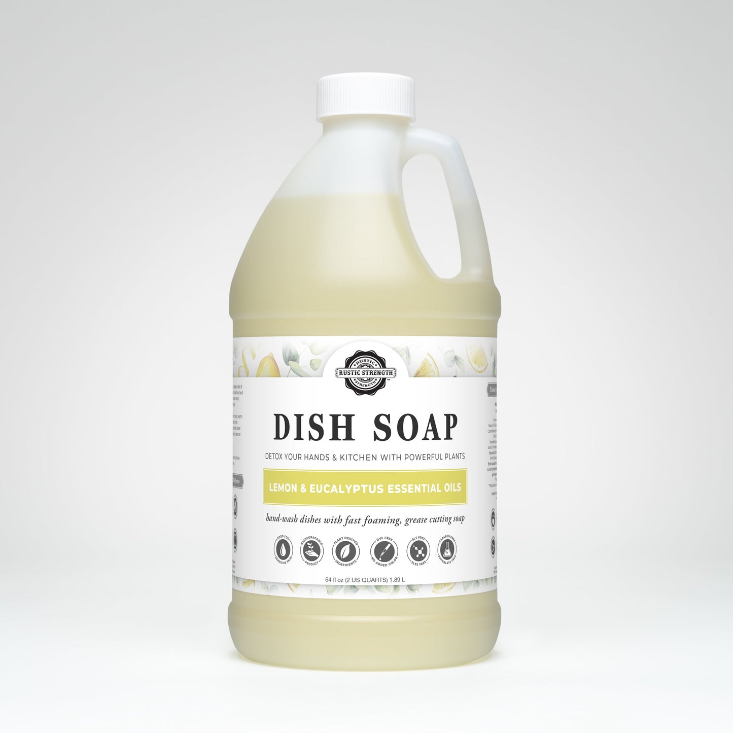 Half gallon bottle of dish soap with a label on a white background