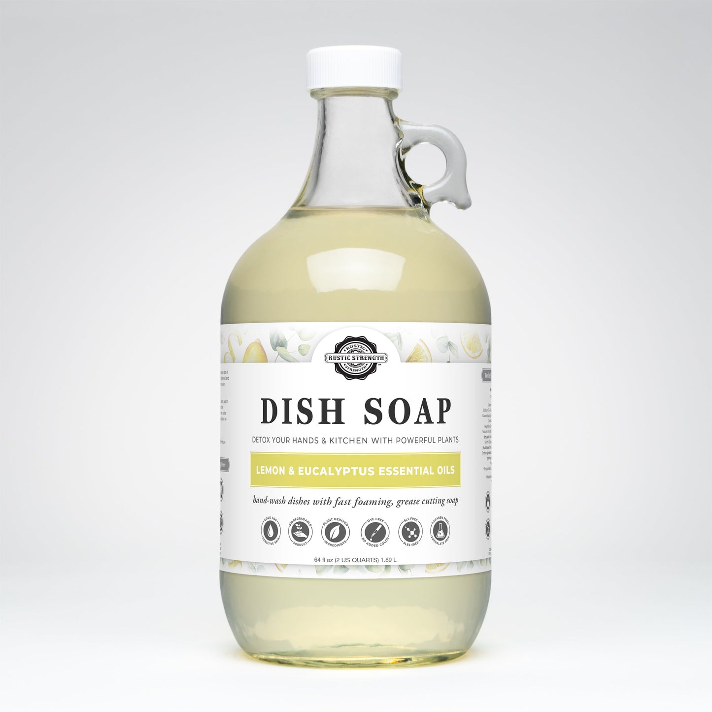 Bottle of Rustic Strength Lemon & Eucalyptus Dish Soap with a label on a white background