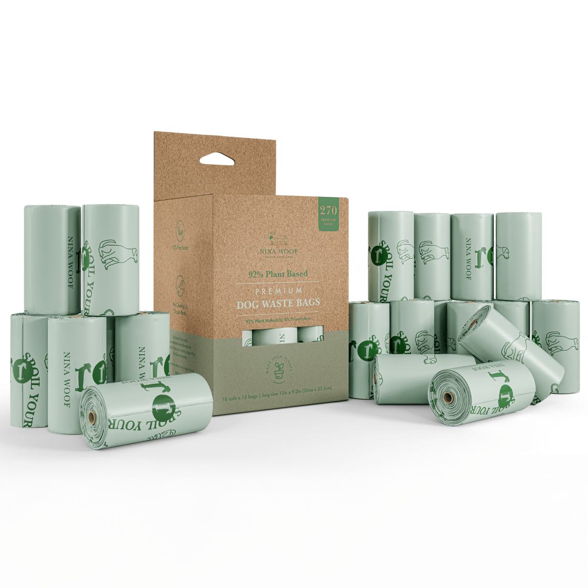 Nina Woof premium dog waste bags beside a 270-box of bags in paper packaging on a white background