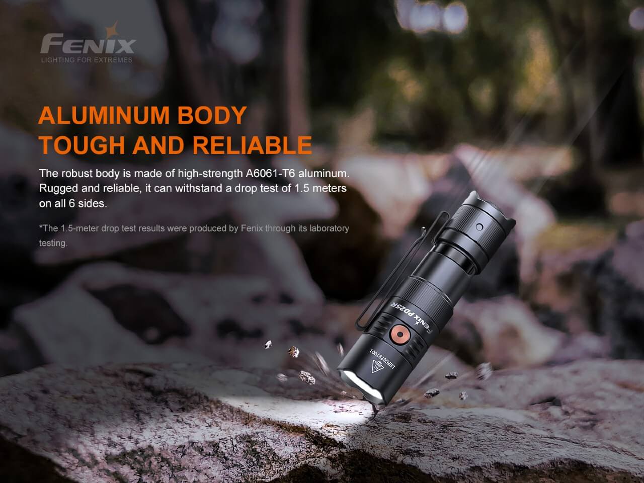 Fenix PD25R Rechargeable flashlight on a rock with text about its aluminum body and durability.
