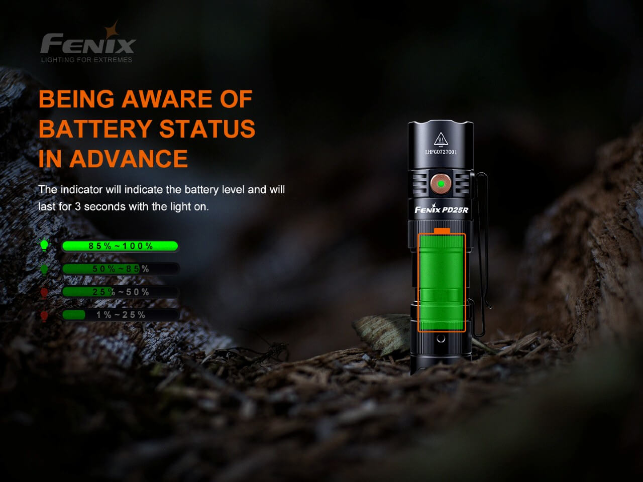 Fenix PD25R Rechargeable flashlight with battery status indicator on a dark background