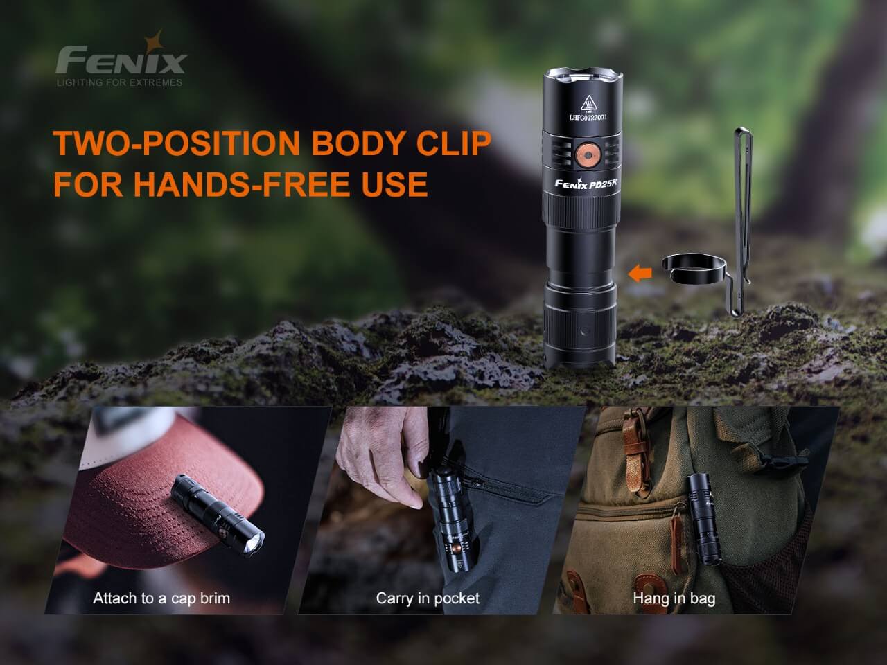 Fenix PD25R Rechargeable flashlight with two-position body clip feature on a natural background