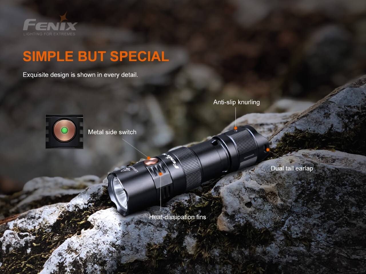 Fenix PD25R Rechargeable flashlight on a rock with features highlighted