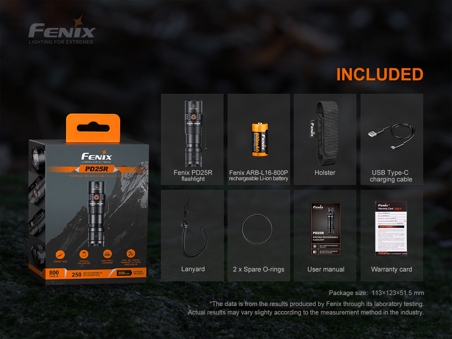 Fenix PD25R flashlight packaging with included items on a dark background