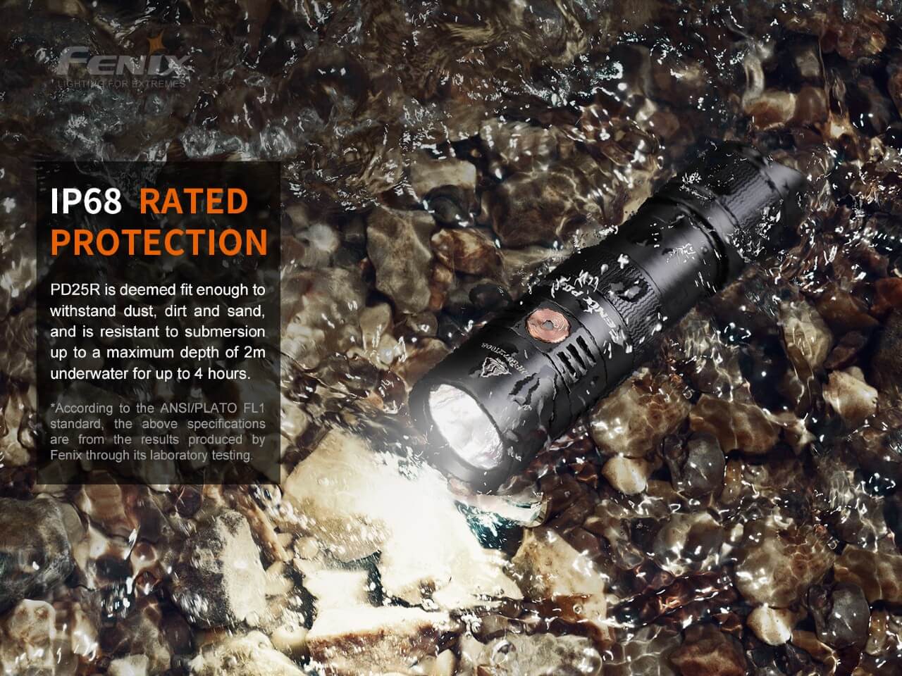 Fenix PD25R Rechargeable flashlight with water resistance text on a rocky surface