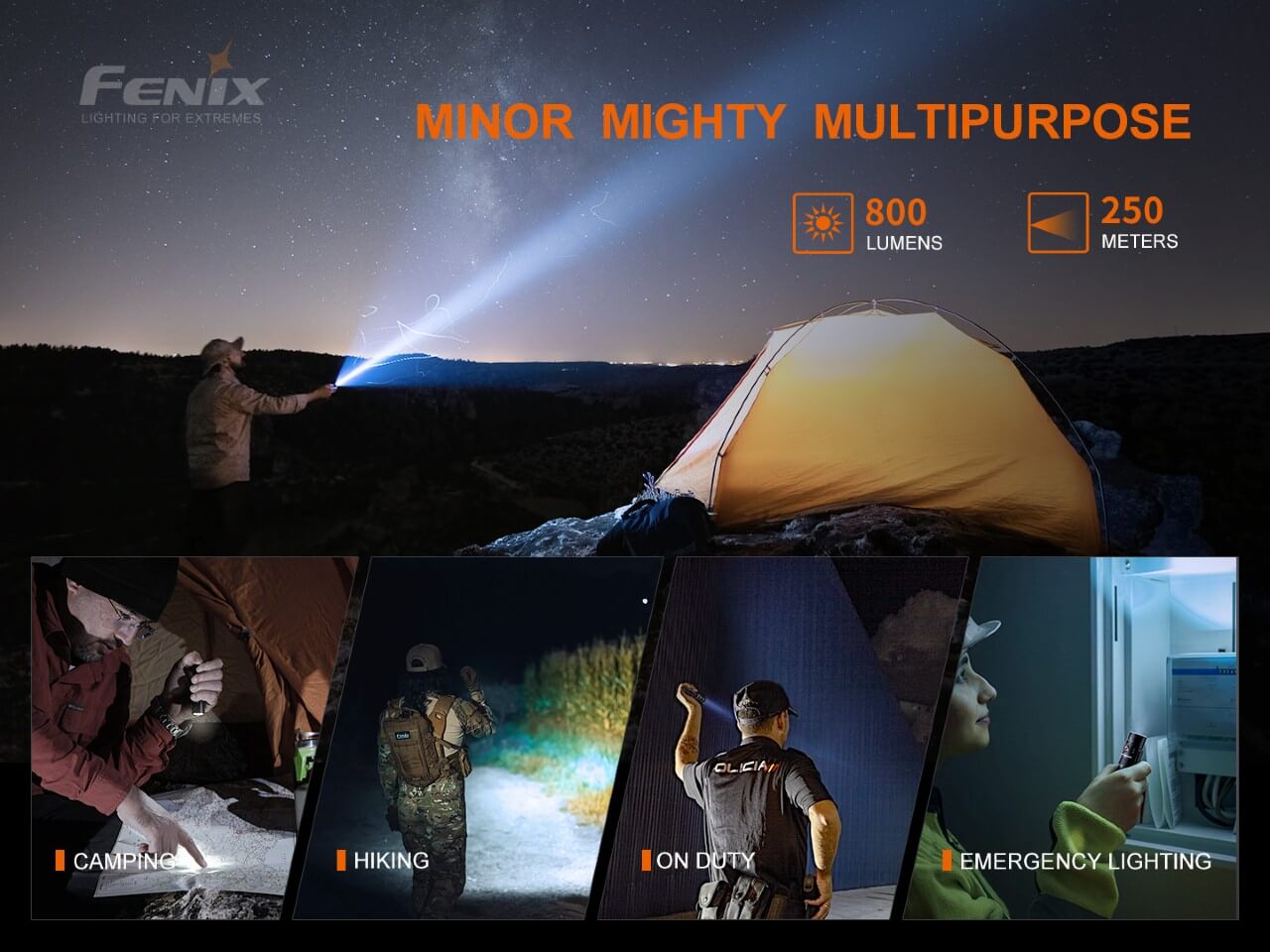 Fenix PD25R Rechargeable flashlight with camping, hiking, and emergency lighting scenarios.